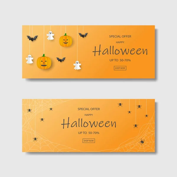 Happy Halloween Sale Banner Oranje Achtergrond Voor Reclame Online Winkelen — Stockvector