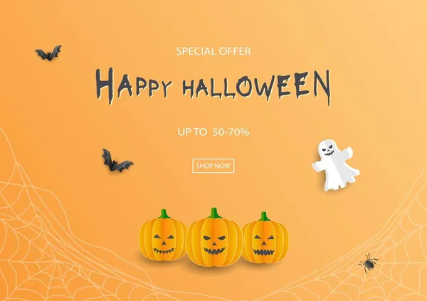 Banner Venta Halloween Con Oferta Descuento Fondo Naranja Para Publicidad — Vector de stock