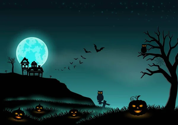 Noche Halloween Paisaje Fondo Con Estrellas Luna Calabazas Castillo — Vector de stock