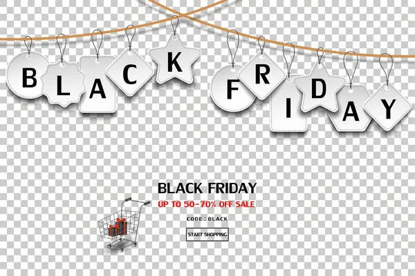 Black Friday Sale Tag Hanging Rope Transparent Background Advertising Shopping — Stock Vector