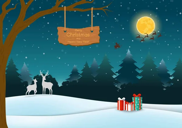 Frohe Weihnachten Und Ein Frohes Neues Jahr Grußkarte Nachtszene Waldhintergrund — Stockvektor
