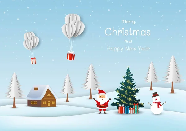 Veselé Vánoce Šťastný Nový Rok Přání Roztomilý Santa Claus Sněhulákem — Stockový vektor