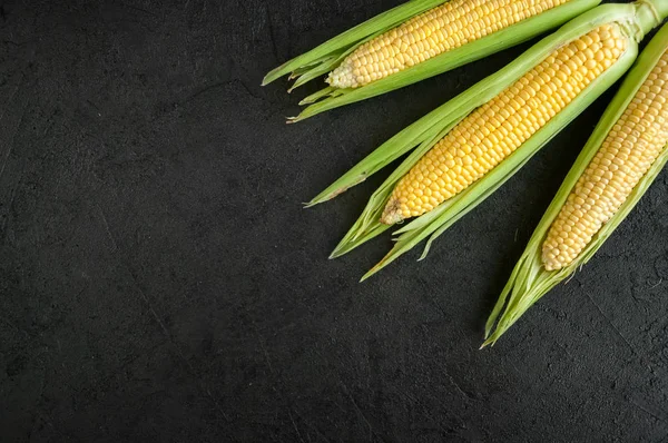 Detailní záběr zralé čerstvé kukuřice na tmavém pozadí — Stock fotografie