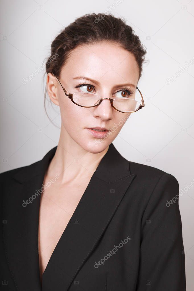 Woman. Glasses. Jacket. Isolated on white background