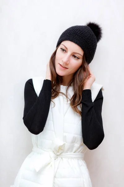 Hipster Style Brunette Girl Swag Wearing Black Fashion Beanie Knitted — Stock Photo, Image