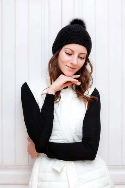 Hipster Style Brunette Girl Swag Wearing Black Fashion Beanie Knitted — Stock Photo, Image