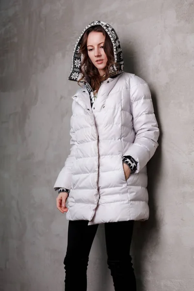 High Fashion Portrait Young Sport Woman Outdoor White Coat Studio — Stock Photo, Image