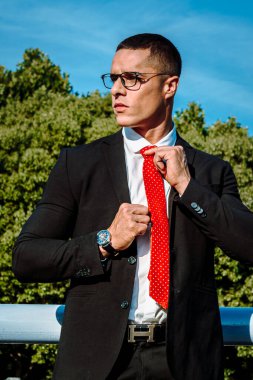 Siyah takım elbiseli, kırmızı kravatlı yakışıklı, seksi, orta yaşlı bir iş adamı bir iş yerinin önünde duruyor. İş adamının Portresi