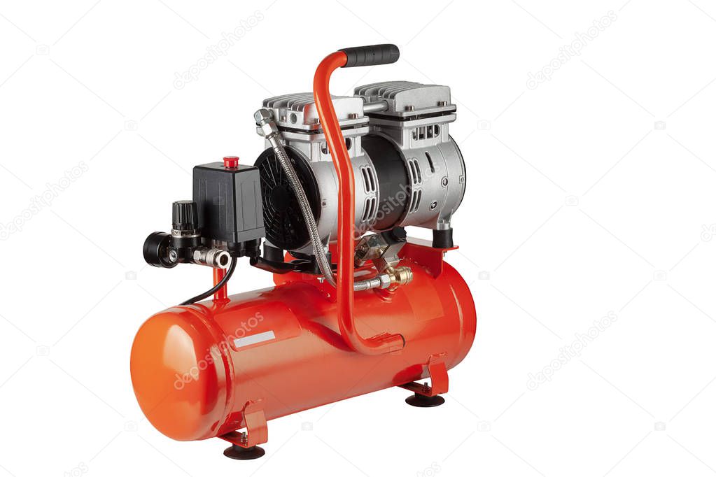 new, orange air compressor on white background