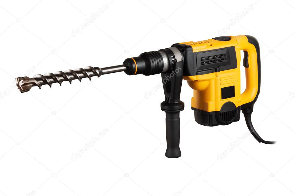 Modern, new, powerful, professional hammer drill with the function of a jackhammer, on a white background