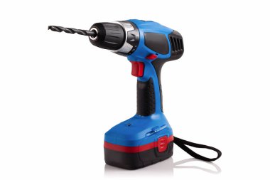 Bit, beyaz arka plan üzerinde matkap ile yeni, Akülü matkap tornavida