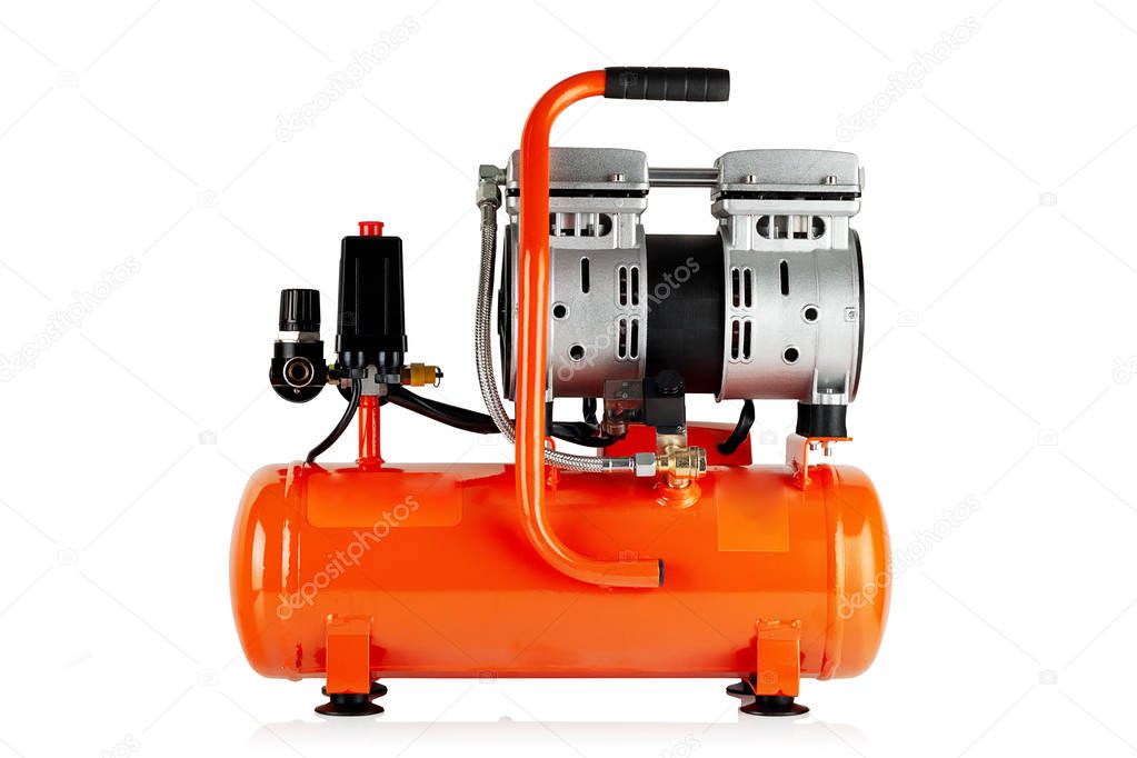 new, orange air compressor on white background