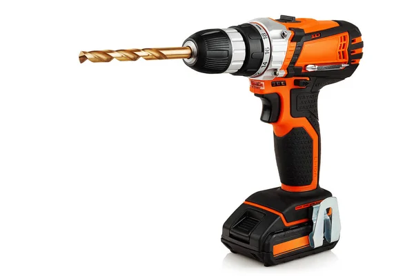 Oranje Cordless Drill Met Een Boor Geel Een Witte Achtergrond — Stockfoto