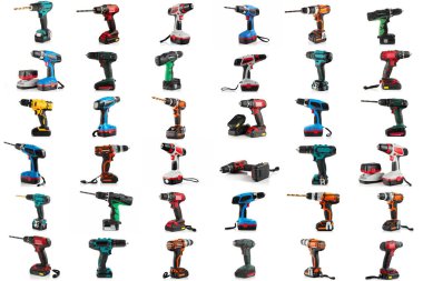 Beyaz arkaplandaki batarya matkaplarının görüntüleri