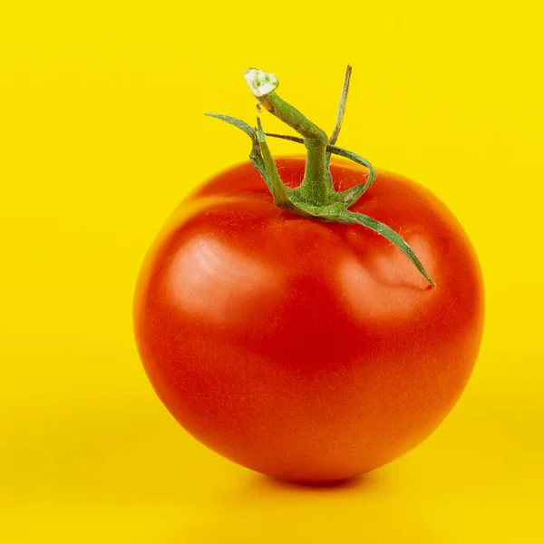 Vermelho Maduro Delicioso Tomate Fundo Amarelo — Fotografia de Stock
