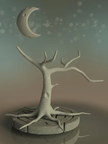 fantasy background with moon tree and stage