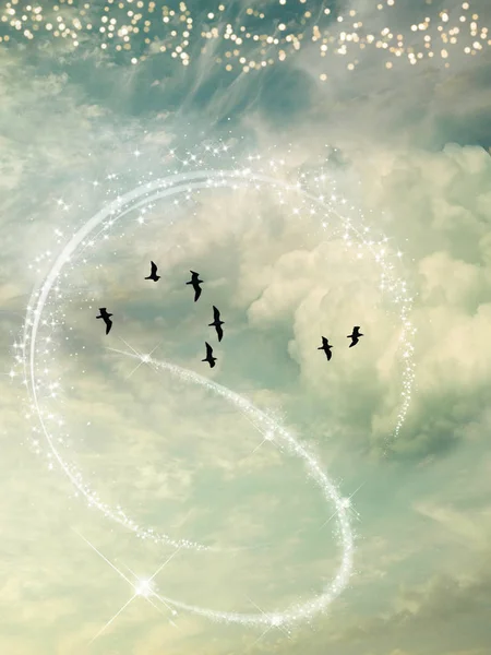 Fantasilandskap Himlen Med Fåglar Och Stjärnor — Stockfoto