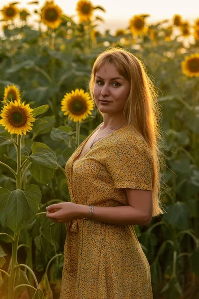 美丽的年轻女子穿着黄色的衣服 在一片向日葵的田野里 — 图库照片