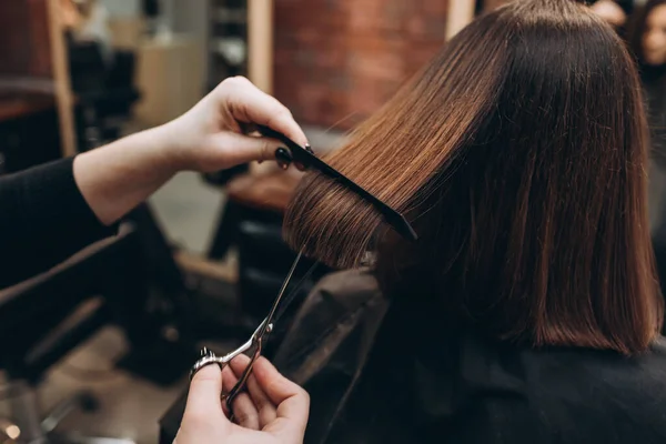 Maestro Peluquero Corta Pelo Una Chica Con Tijeras — Foto de Stock