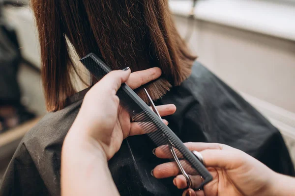 Master Hairdresser Cuts Girl Hair Scissors — Stock Photo, Image