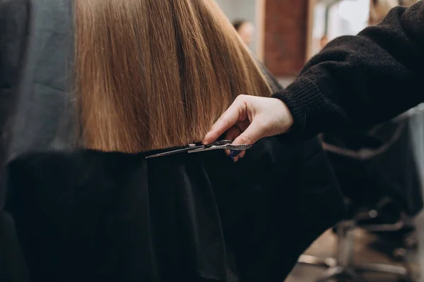 Master Hairdresser Cuts Girl Hair Scissors — Stock Photo, Image