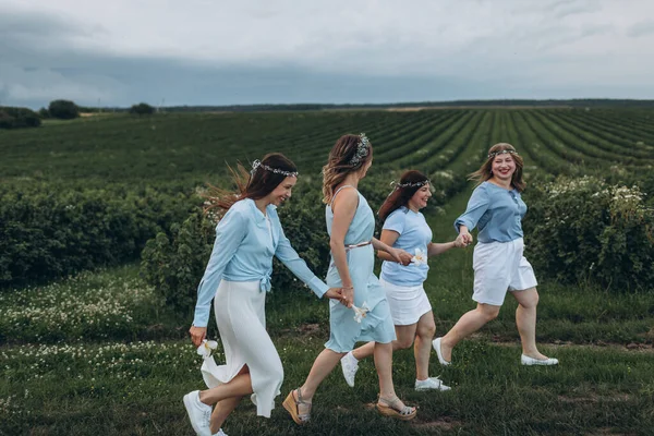 Fiesta Mujeres Para Novia Naturaleza Campo Champán Lavanda Pasteles Diversión — Foto de Stock