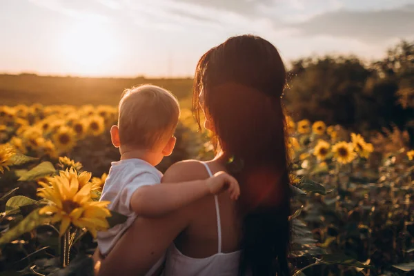 妈妈和儿子拥抱 在向日葵地里玩耍 快乐的家庭时光在户外度过 母亲节 — 图库照片