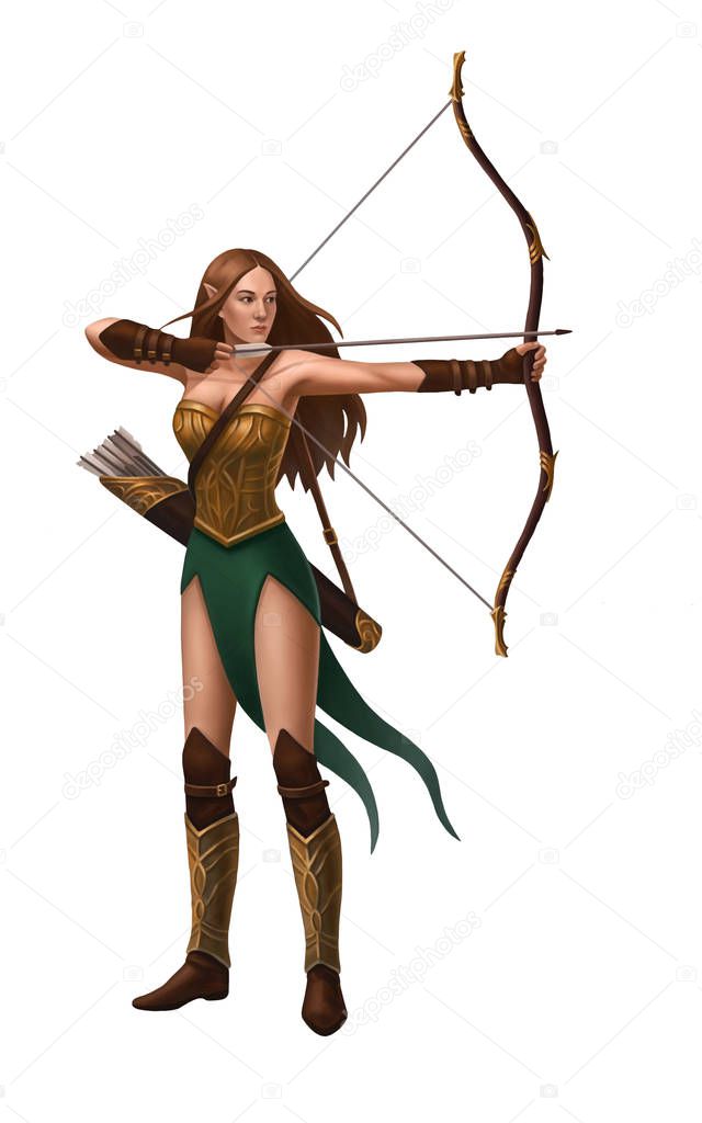 Isolated elf girl character  is aiming with bow and arrow