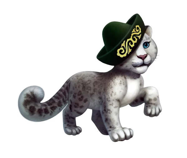Isolated Digital Illustration Snow Leopard Green Kazakh Traditiolan Hat — Stock Photo, Image