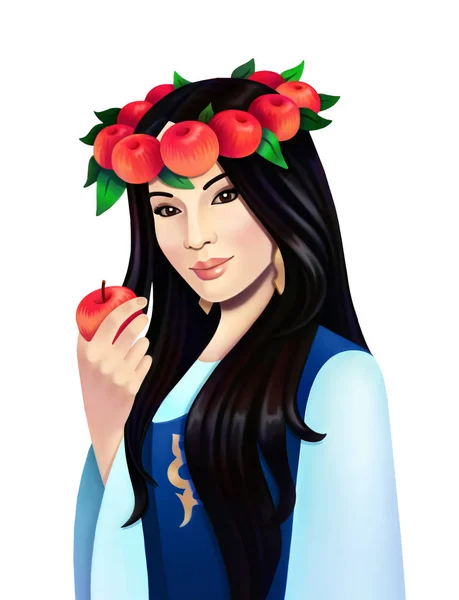 Kazakh woman in traditional costume in wreath of apples. Aport apple -the symbol of Almaty city. Digital illustration