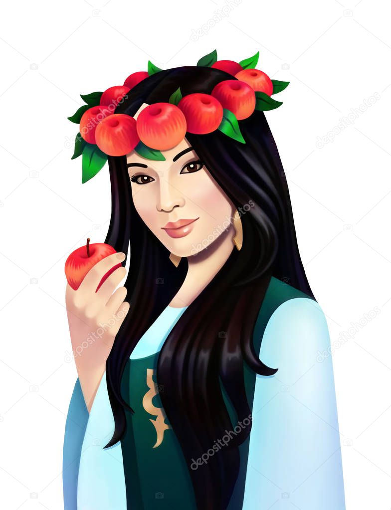 Asian girl in national dress with red apple in her hand