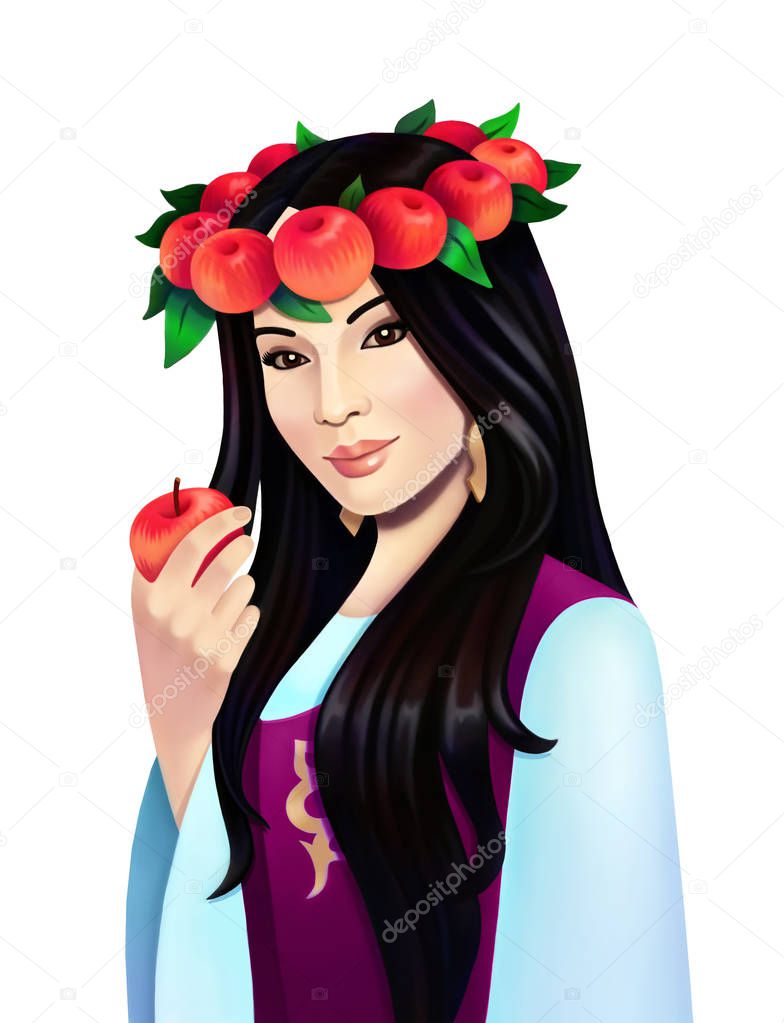 Beautiful asian girl with long black hair, wearing national woman costume, with red ripe apple in her palm