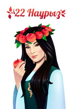 Beyaz arka plan üzerinde apple ile dijital portre Asyalı kadın. Nauryz tatil poster