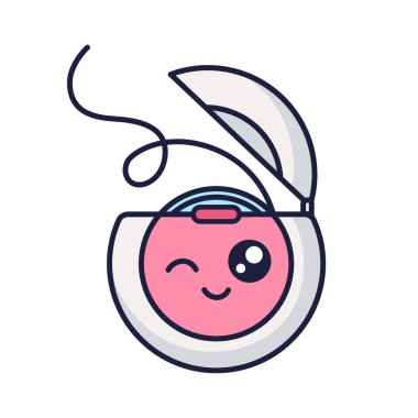Kawaii diş ipi karakteri. Tatlı bir oral bakım karakteri. Pediatrik dişçilik konsepti. Doodle tarzı diş ipi çizimi beyaza izole edilmiş. Ağız temizliği kavramı. Diş temizleme aracı