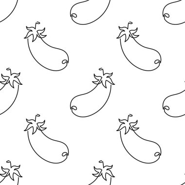 Patlıcan çizgi filmindeki tek çizgi dikişsiz desen. Beyaz arka planda izole edilmiş besin sebzesi düz çizimi. Doodle tarzında patlıcan. Yemek çizelgesi sanatı