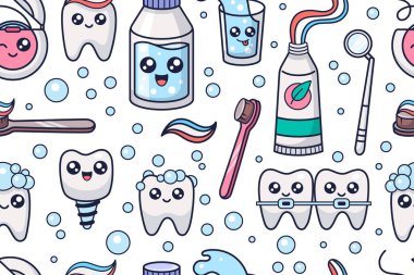 Ağız hijyeni kawaii kusursuz desen. Stomatoloji konsepti çizimi. Ağız temizliği tekstil tasarımı. Diş temizleme kozmetiği. Vektör