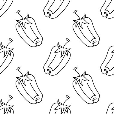 Tek sıra Bell biberi çizgi filminin dikişsiz deseni. Beyaz arka planda vektör gıda sebze düz dokusu. Doodle tarzında dolmalık biber. Satır sanatı