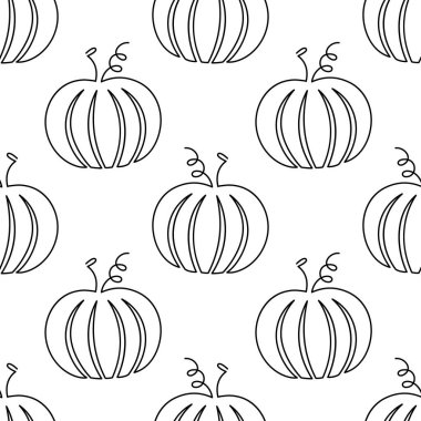 Tek çizgi Balkabağı çizgi filmi kusursuz desen. Beyaz arka planda vektör gıda sebze düz dokusu. Kabak çizgisi sanatı