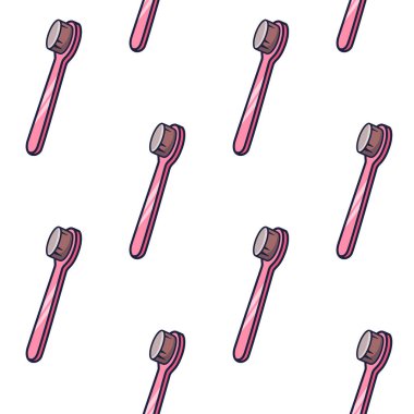 Çizgi film parlak pembe diş fırçası kusursuz desen. Vektör karalama çizimi beyaza izole edildi. Ağız temizliği kavramı. Diş temizleme aracı dokusu