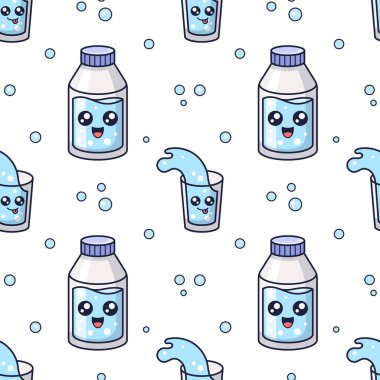 Ağız hijyeni kawaii kusursuz desen. Stomatoloji konsepti çizimi. Cam tekstil tasarımlı bir şişe su. Ağız temizliği tekstil tasarımı. Diş temizleme kozmetiği. Vektör. Biraz daha su iç..