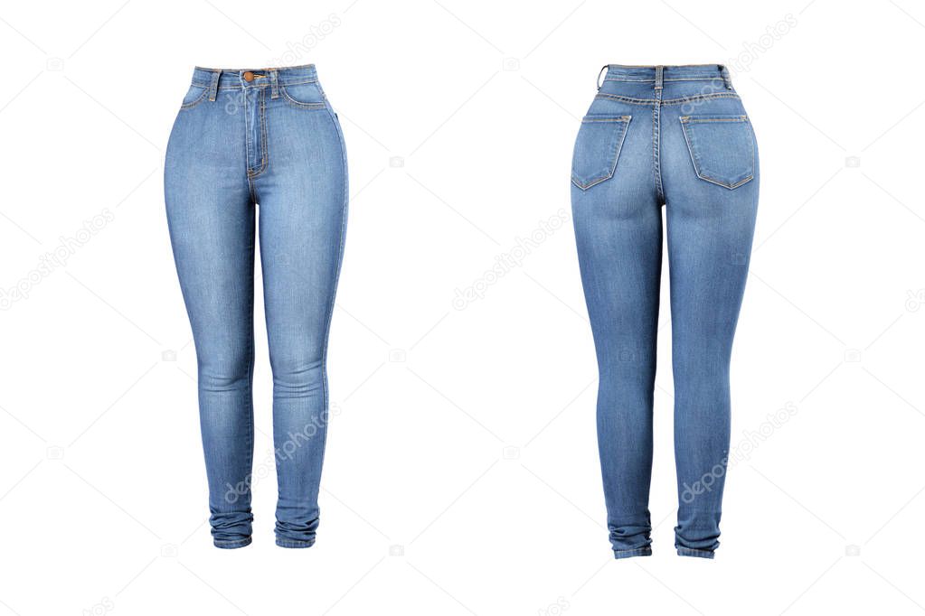 Sexy woman blue jeans isolated on white background. Fit female butt in blue jeans. Front and rear views