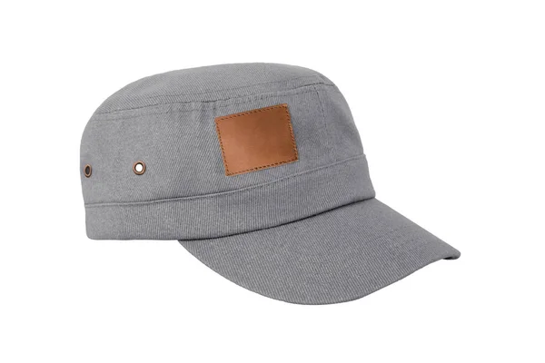 Fashionable Grey Jeans Golf Cap Leather Blank Tag Isolated White — Stock Photo, Image