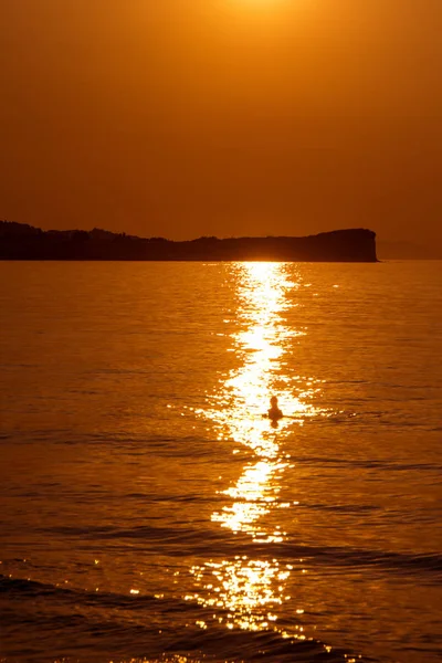 Gün batımı sırasında denizde güzel bir kadın. Deniz kız siluet. Beach tatil. Muhteşem gün batımı
