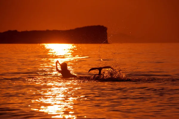 A silhouette of a mermaid in sea waves lit by the sunset red backlight. The mermaid splatter in the sea