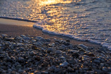 Çakıl plaj yakın çekim bir gün batımı ışık denizde sörf ile. Taşlar akşam günbatımı denizde arka plan üzerinde farklı boyutlarda. Sığ alan derinliği ve güzel bokeh 
