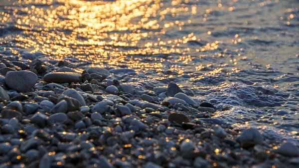 Oblázková Pláž Detail Mořem Surfování Západu Slunce Světlo Kameny Různých — Stock fotografie