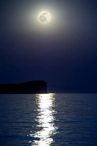 Mavi Deniz Gece Kıyı Şeridi Ayışığı Cliff Siyah Silüeti Dolunay — Stok fotoğraf