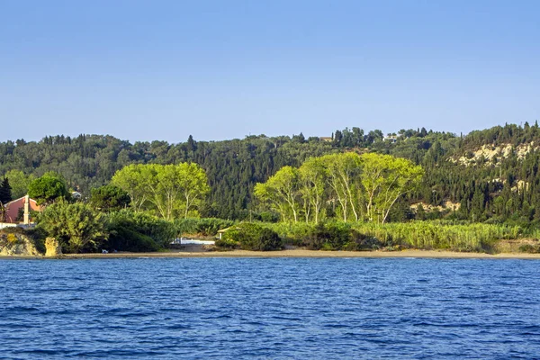 Hermosa Isla Ereikoussa Con Árboles Altos Verdes Brillantes Iluminados Por —  Fotos de Stock