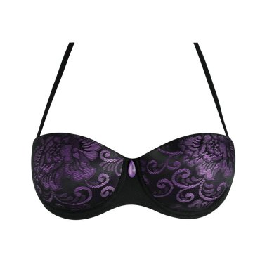 Mor ipek seksi siyah beyaz arka plan üzerinde izole mücevher ile sutyen itmek