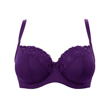 Sütyen beyaz arka plan üzerinde izole yay ile yukarı mor ipek seksi itin